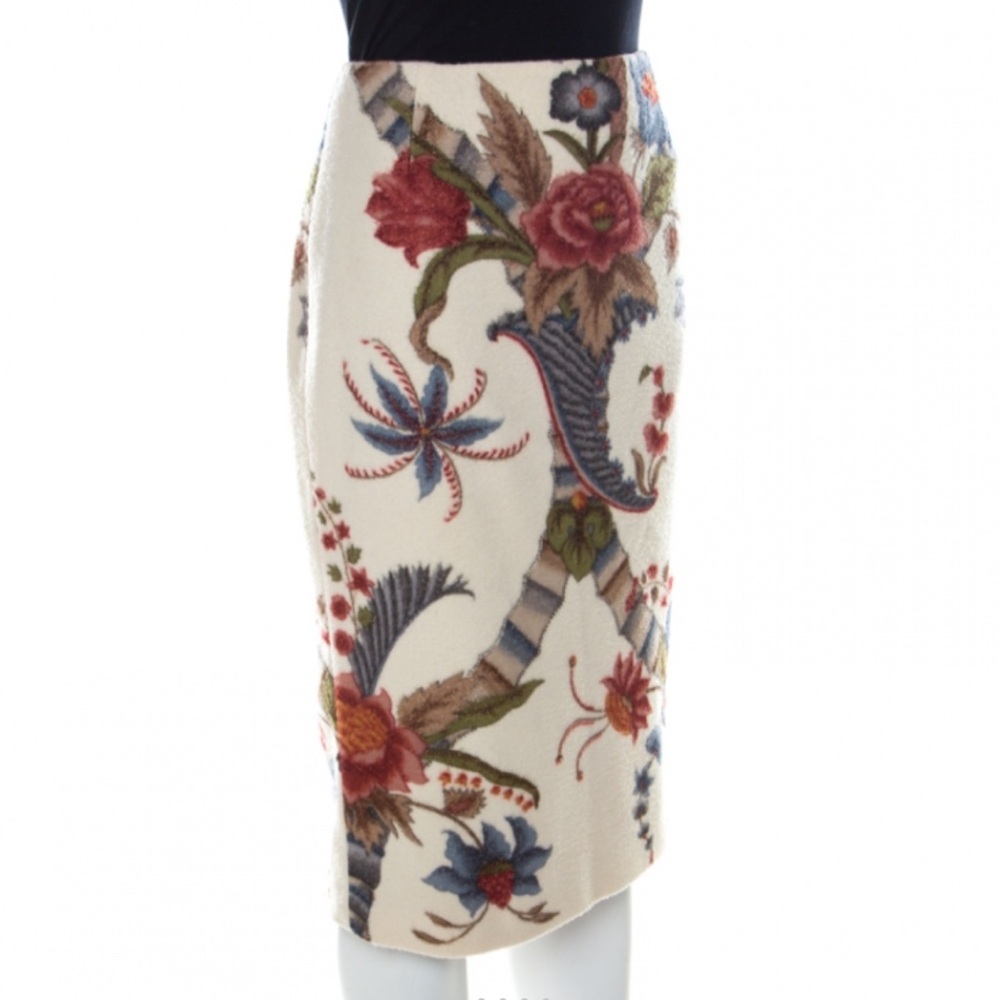 CAROLINA HERRERA FELTED WOOL BLEND PENCIL SKIRT CREAM/MULTI FLORAL SIZE 4 - Picture 4 of 9